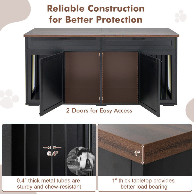 3-in-1 Double Dog Crate Furniture Large Breed Wood Dog Kennel Cage TV Stand with Removable Divider and 2 Doors