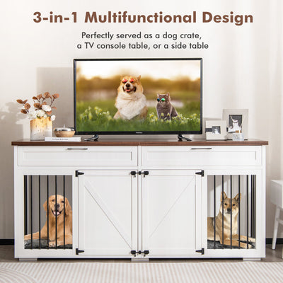 3-in-1 Double Dog Crate Furniture Large Breed Wood Dog Kennel Cage TV Stand with Removable Divider and 2 Doors