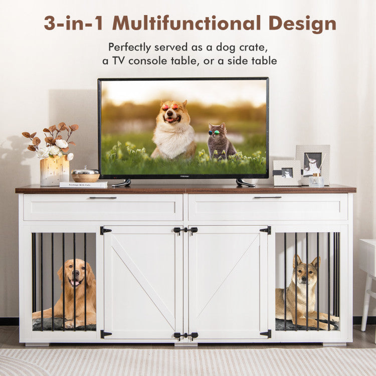 3-in-1 Double Dog Crate Furniture Large Breed Wood Dog Kennel Cage TV Stand with Removable Divider and 2 Doors