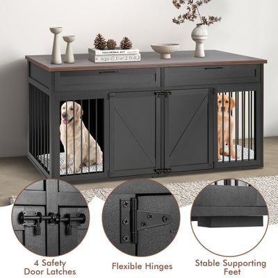 3-in-1 Double Dog Crate Furniture Large Breed Wood Dog Kennel Cage TV Stand with Removable Divider and 2 Doors