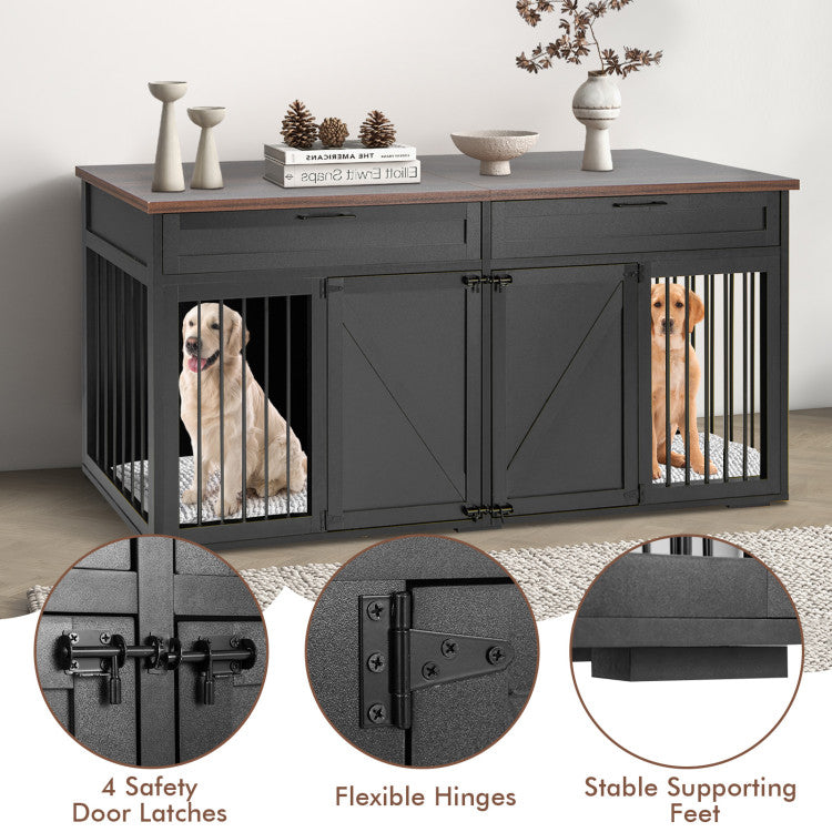 3-in-1 Double Dog Crate Furniture Large Breed Wood Dog Kennel Cage TV Stand with Removable Divider and 2 Doors