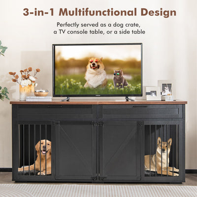 3-in-1 Double Dog Crate Furniture Large Breed Wood Dog Kennel Cage TV Stand with Removable Divider and 2 Doors