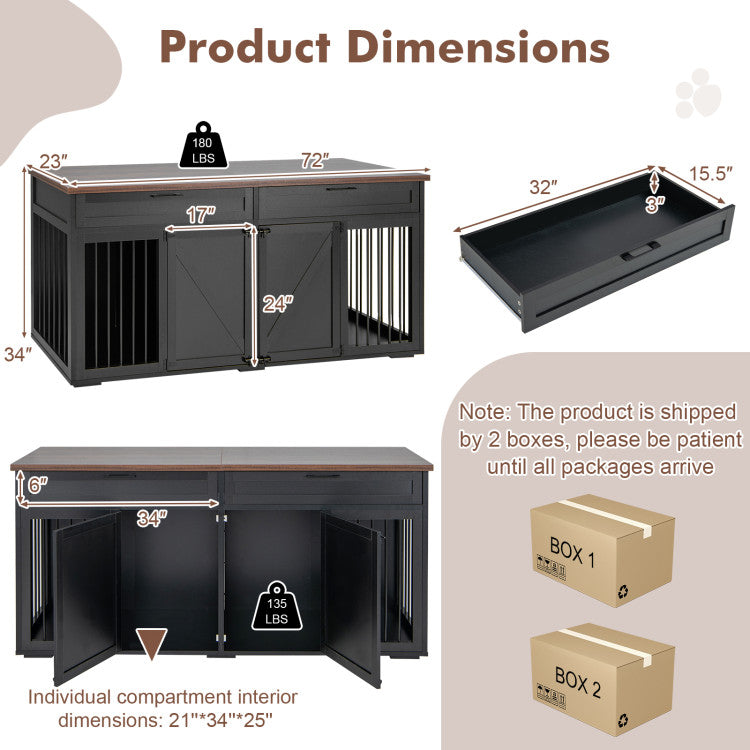 3-in-1 Double Dog Crate Furniture Large Breed Wood Dog Kennel Cage TV Stand with Removable Divider and 2 Doors