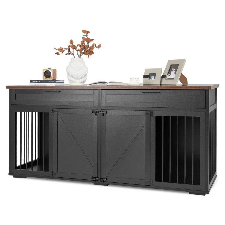 3-in-1 Double Dog Crate Furniture Large Breed Wood Dog Kennel Cage TV Stand with Removable Divider and 2 Doors