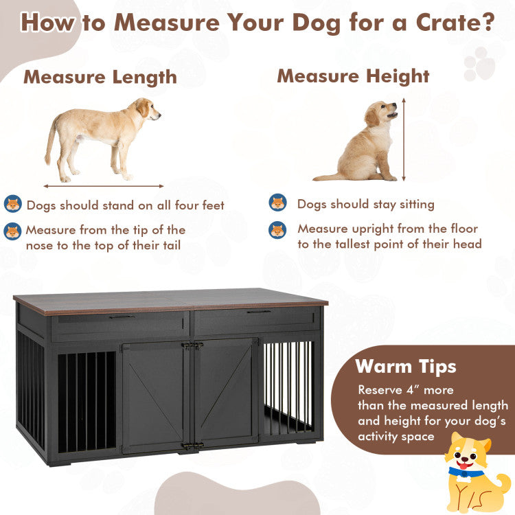 3-in-1 Double Dog Crate Furniture Large Breed Wood Dog Kennel Cage TV Stand with Removable Divider and 2 Doors