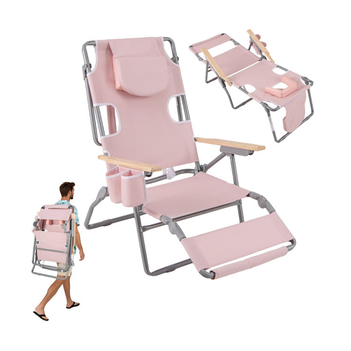 3-in-1 Foldable Beach Chair 330 lbs Heavy-Duty Portable Reclining Lounge Chairs Lay-Flat Tanning Chair with Footrest and Adjustable Backrest