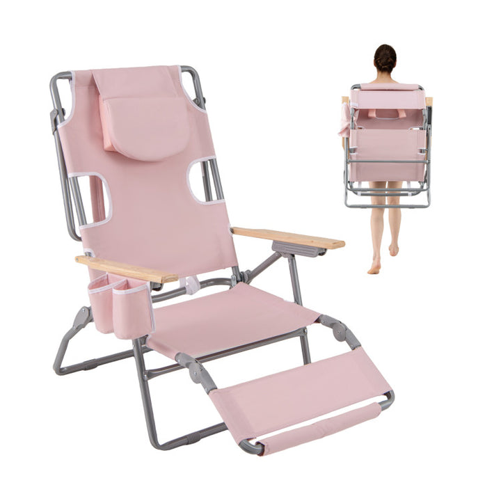 3-in-1 Foldable Beach Chair 330 lbs Heavy-Duty Portable Reclining Lounge Chairs Lay-Flat Tanning Chair with Footrest and Adjustable Backrest