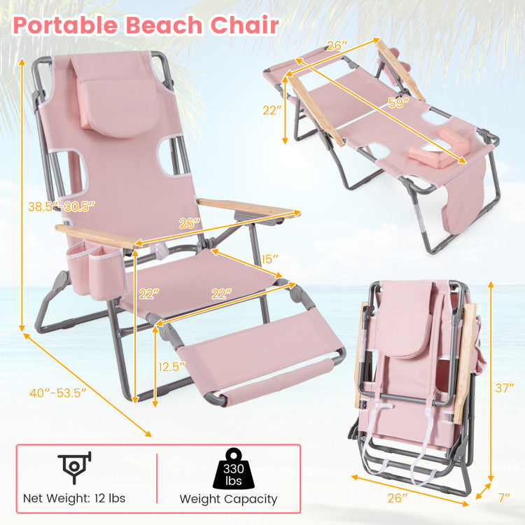 3-in-1 Foldable Beach Chair 330 lbs Heavy-Duty Portable Reclining Lounge Chairs Lay-Flat Tanning Chair with Footrest and Adjustable Backrest
