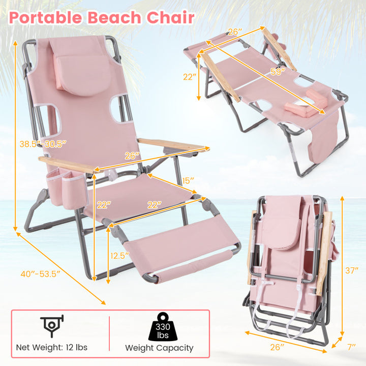 3-in-1 Foldable Beach Chair 330 lbs Heavy-Duty Portable Reclining Lounge Chairs Lay-Flat Tanning Chair with Footrest and Adjustable Backrest