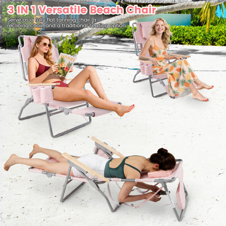 3-in-1 Foldable Beach Chair 330 lbs Heavy-Duty Portable Reclining Lounge Chairs Lay-Flat Tanning Chair with Footrest and Adjustable Backrest