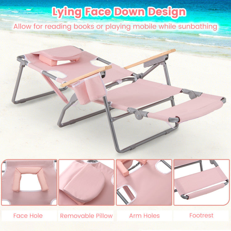 3-in-1 Foldable Beach Chair 330 lbs Heavy-Duty Portable Reclining Lounge Chairs Lay-Flat Tanning Chair with Footrest and Adjustable Backrest
