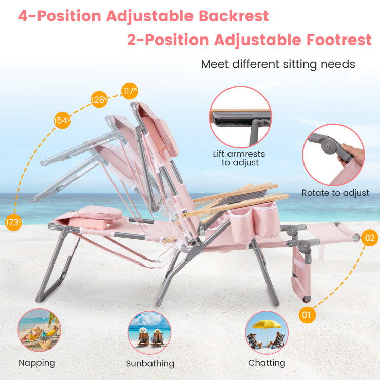 3-in-1 Foldable Beach Chair 330 lbs Heavy-Duty Portable Reclining Lounge Chairs Lay-Flat Tanning Chair with Footrest and Adjustable Backrest
