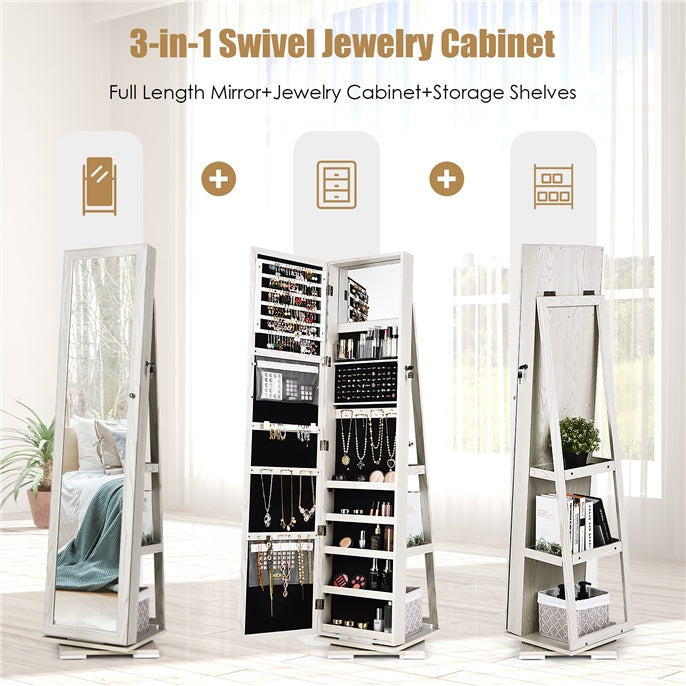 3-in-1 Freestanding Lockable Jewelry Armoire 360° Swivel Mirrored Jewelry Cabinet Organizer with Full Length Mirror and Large Storage Capacity