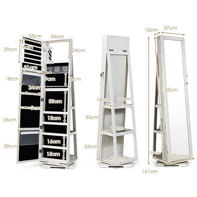 3-in-1 Freestanding Lockable Jewelry Armoire 360° Swivel Mirrored Jewelry Cabinet Organizer with Full Length Mirror and Large Storage Capacity