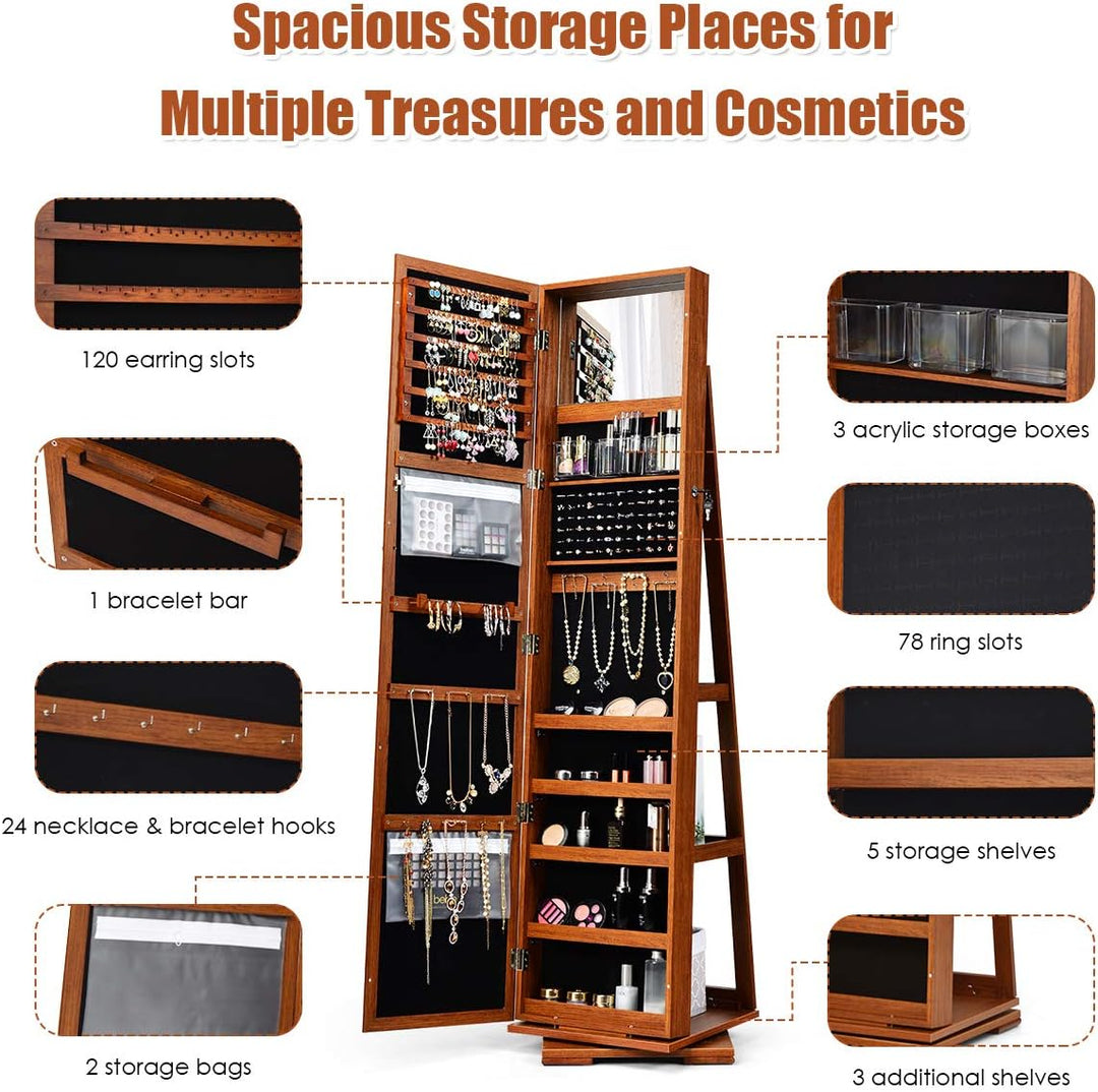 3-in-1 Freestanding Lockable Jewelry Armoire 360° Swivel Mirrored Jewelry Cabinet Organizer with Full Length Mirror and Large Storage Capacity