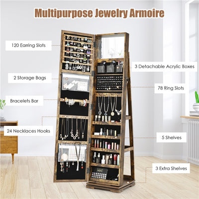 3-in-1 Freestanding Lockable Jewelry Armoire 360° Swivel Mirrored Jewelry Cabinet Organizer with Full Length Mirror and Large Storage Capacity