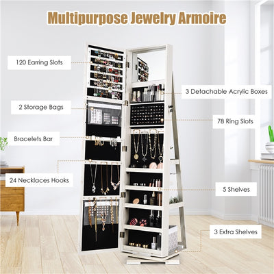 3-in-1 Freestanding Lockable Jewelry Armoire 360° Swivel Mirrored Jewelry Cabinet Organizer with Full Length Mirror and Large Storage Capacity