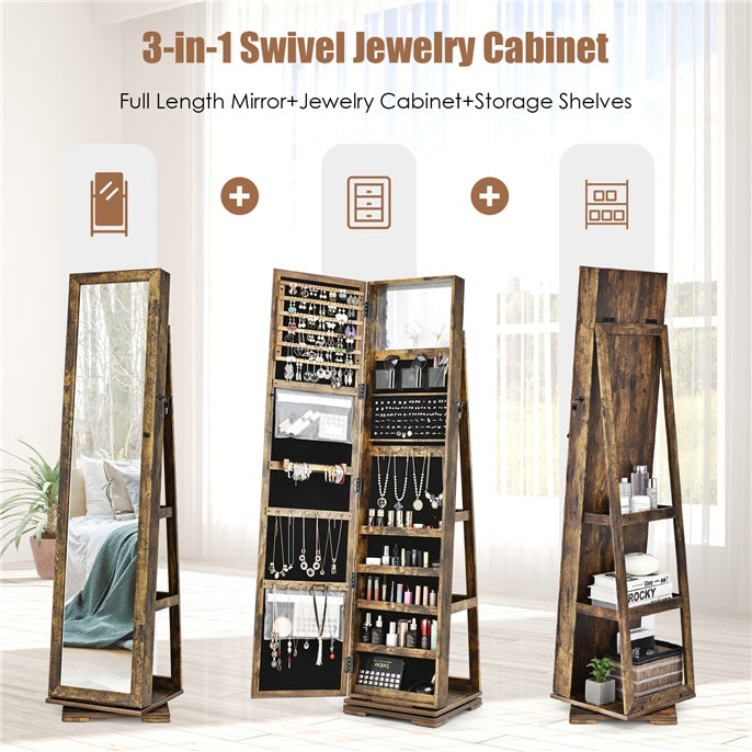 3-in-1 Freestanding Lockable Jewelry Armoire 360° Swivel Mirrored Jewelry Cabinet Organizer with Full Length Mirror and Large Storage Capacity