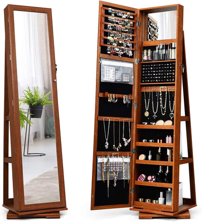 3-in-1 Freestanding Lockable Jewelry Armoire 360° Swivel Mirrored Jewelry Cabinet Organizer with Full Length Mirror and Large Storage Capacity