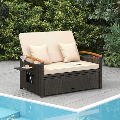 3-in-1 Outdoor Rattan Daybed Patio Wicker Loveseat Sofa Set with Multipurpose Ottoman and Adjustable Backrest