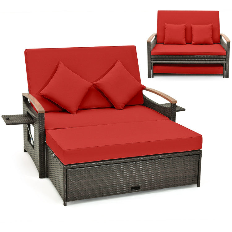 3-in-1 Outdoor Rattan Daybed Patio Wicker Loveseat Sofa Set with Multipurpose Ottoman and Adjustable Backrest