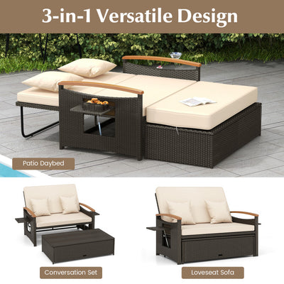 3-in-1 Outdoor Rattan Daybed Patio Wicker Loveseat Sofa Set with Multipurpose Ottoman and Adjustable Backrest