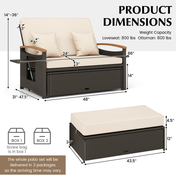 3-in-1 Outdoor Rattan Daybed Patio Wicker Loveseat Sofa Set with Multipurpose Ottoman and Adjustable Backrest