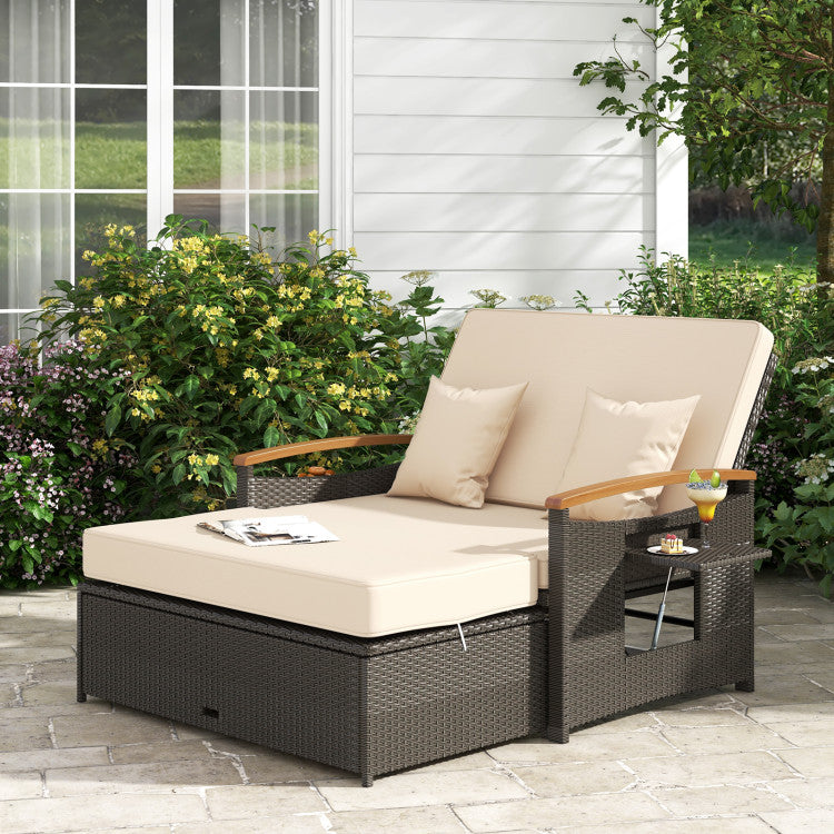 3-in-1 Outdoor Rattan Daybed Patio Wicker Loveseat Sofa Set with Multi ...