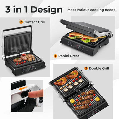 3-in-1 Panini Press Sandwich Maker Electric Indoor Grill with 5 Auto Modes and LED Display