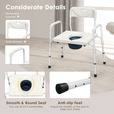 3-in-1 Portable Bedside Commode Chair Height Adjustable Toilet Seat Bath Shower Chair with Removable Bucket