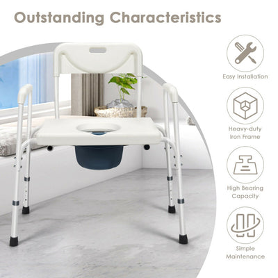 3-in-1 Portable Bedside Commode Chair Height Adjustable Toilet Seat Bath Shower Chair with Removable Bucket