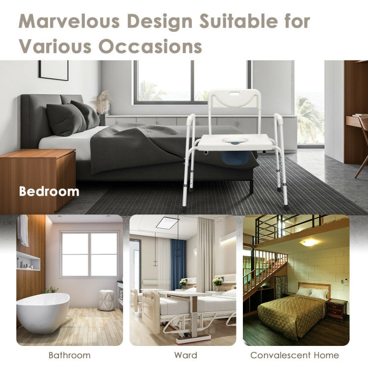 3-in-1 Portable Bedside Commode Chair Height Adjustable Toilet Seat Bath Shower Chair with Removable Bucket