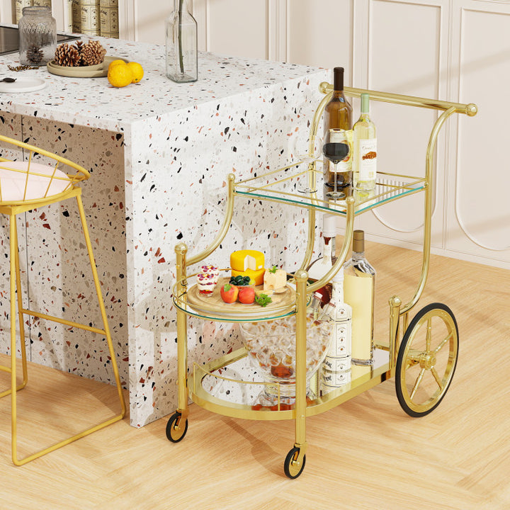 3-Tier Home Bar Serving Cart on Wheels with Mirrored Shelves