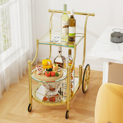 3-Tier Home Bar Serving Cart on Wheels with Mirrored Shelves