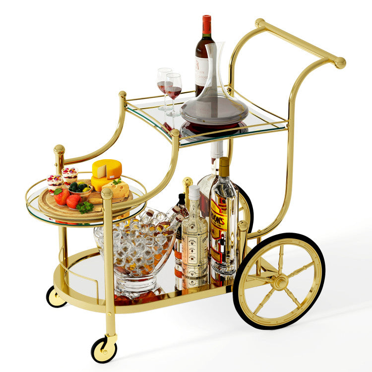 3-Tier Home Bar Serving Cart on Wheels with Mirrored Shelves