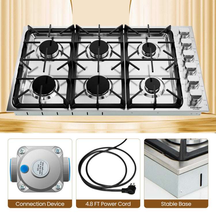 30/36 Inch Gas Cooktop Stainless Steel Gas Range Stove Top with 4/6 Powerful Burners and ABS Knobs