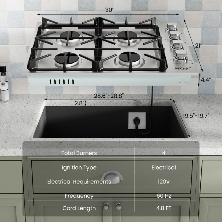 30/36 Inch Gas Cooktop Stainless Steel Gas Range Stove Top with 4/6 Powerful Burners and ABS Knobs