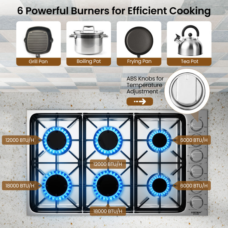 30/36 Inch Gas Cooktop Stainless Steel Gas Range Stove Top with 4/6 Powerful Burners and ABS Knobs