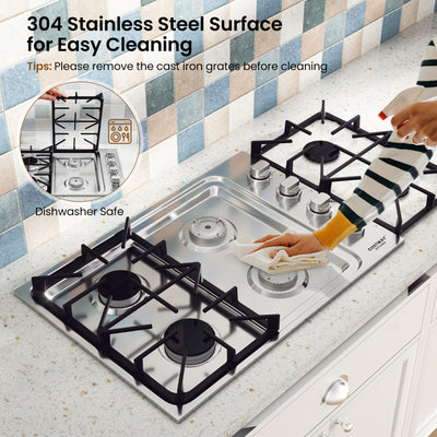30/36 Inch Gas Cooktop Stainless Steel Gas Range Stove Top with 4/6 Powerful Burners and ABS Knobs