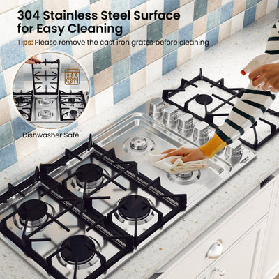 30/36 Inch Gas Cooktop Stainless Steel Gas Range Stove Top with 4/6 Powerful Burners and ABS Knobs