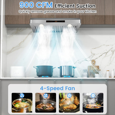 30 Inch Under Cabinet Range Hood 900 CFM Stainless Steel Kitchen Vent with Adjustable LED Lights and Remote Control