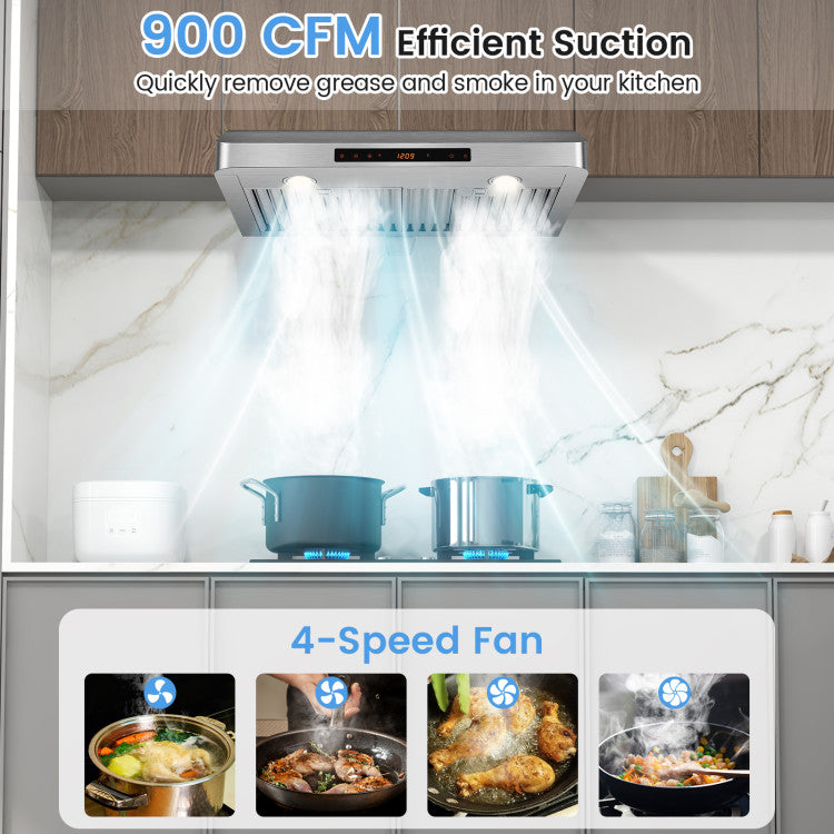 30 Inch Under Cabinet Range Hood 900 CFM Stainless Steel Kitchen Vent with Adjustable LED Lights and Remote Control