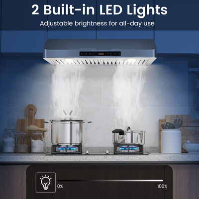 30 Inch Under Cabinet Range Hood 900 CFM Stainless Steel Kitchen Vent with Adjustable LED Lights and Remote Control