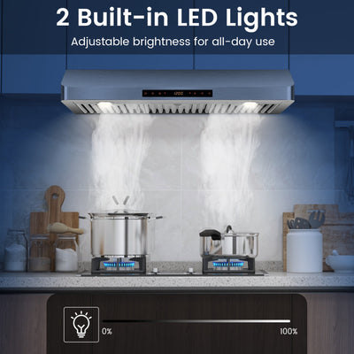 30 Inch Under Cabinet Range Hood 900 CFM Stainless Steel Kitchen Vent with Adjustable LED Lights and Remote Control