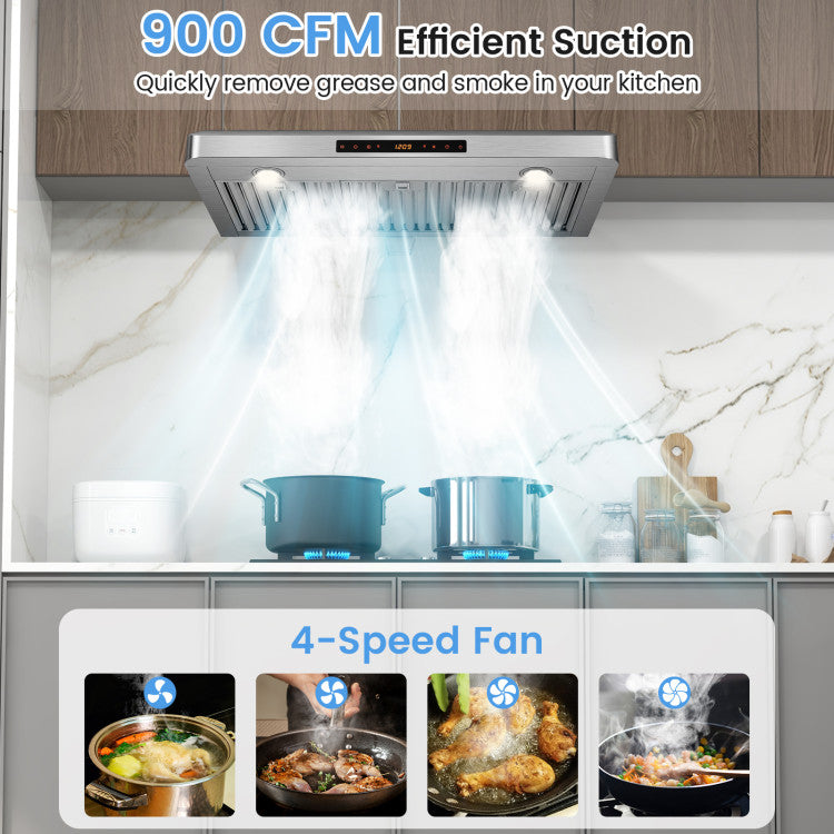 30 Inch Under Cabinet Range Hood 900 CFM Stainless Steel Kitchen Vent with Adjustable LED Lights and Remote Control