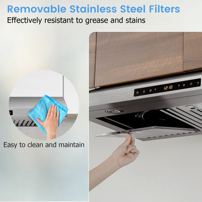 30 Inch Under Cabinet Range Hood 900 CFM Stainless Steel Kitchen Vent with Adjustable LED Lights and Remote Control