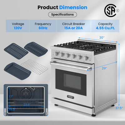 30 Inches Freestanding Gas Range 120V 4.55 cu.ft Natural Range Oven with 5 Professional Burners and Storage Drawer