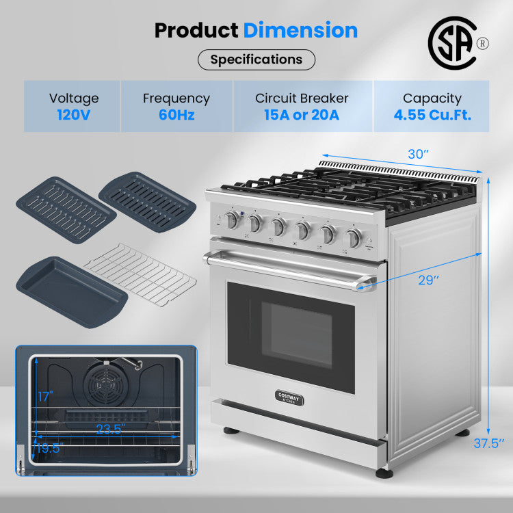 30 Inches Freestanding Gas Range 120V 4.55 cu.ft Natural Range Oven with 5 Professional Burners and Storage Drawer