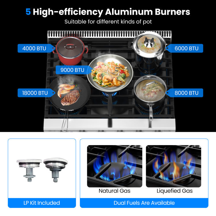 30 Inches Freestanding Gas Range 120V 4.55 cu.ft Natural Range Oven with 5 Professional Burners and Storage Drawer