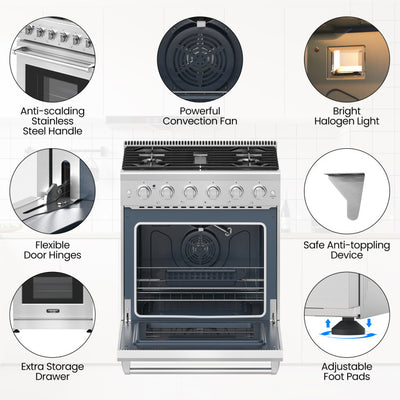 30 Inches Freestanding Gas Range 120V 4.55 cu.ft Natural Range Oven with 5 Professional Burners and Storage Drawer